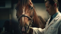 Close-up photograph of a veterinarian holding a stethoscope to a horse, kind and professional demeanor, stable setting Generative AI