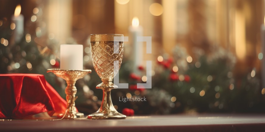 A communion cup  and candle during Christmas on a table in service.