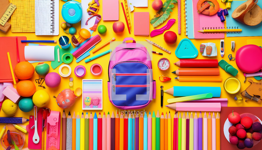 A collage of colorful school supplies, such as pencils, notebooks, rulers