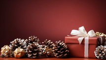 Christmas Pine Cones and red box background 