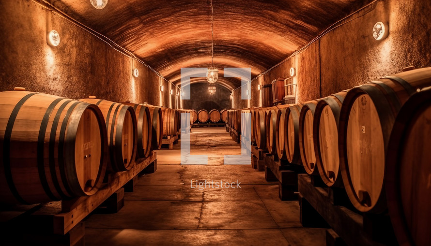 cellar Room filled with oak barrels and wine bottles.