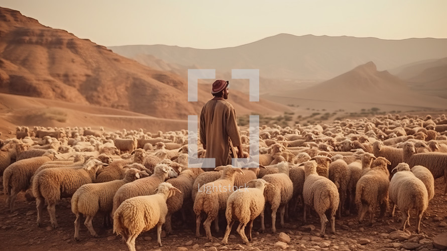 Shepherd and his flock in desert.