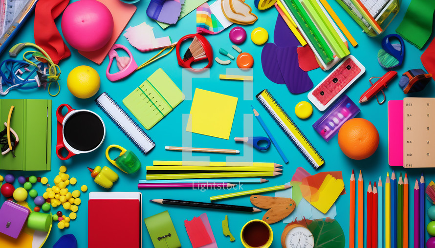 A collage of colorful school supplies, such as pencils, notebooks, rulers