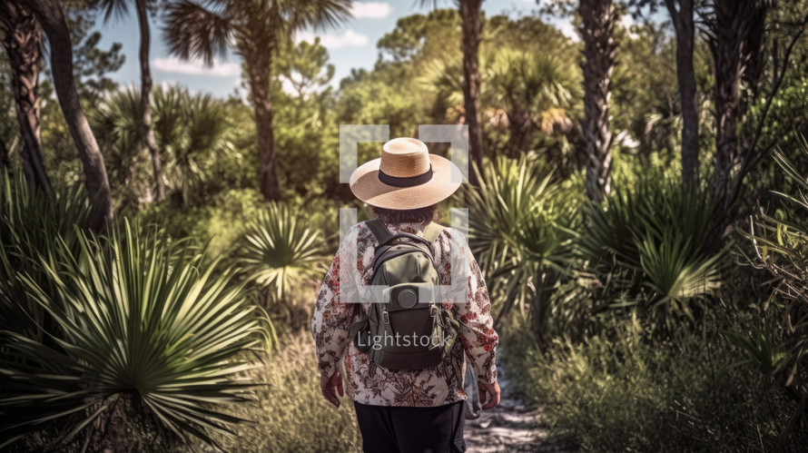 Woman with backpack and hat exploring jungle