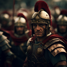 A roman centurion looks into frame