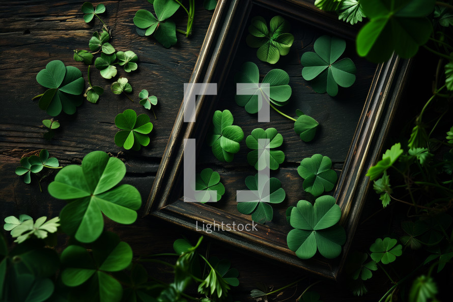 AI Generated Image. Empty photo frame surrounded by lucky shamrocks on a dark green table. St. Patrick’s Day concept
