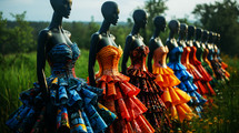 AI Image. Outdoor fashion show with mannequins dressed in upcycled paper and fabric dresses