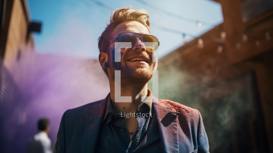 AI generated image. Playful and carefree man wearing blue jacket and sunglasses in the colorful powder explosion in Holi festival
