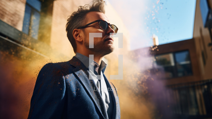 AI generated image. Man wearing blue jacket and sunglasses in the colorful powder explosion in Holi festival