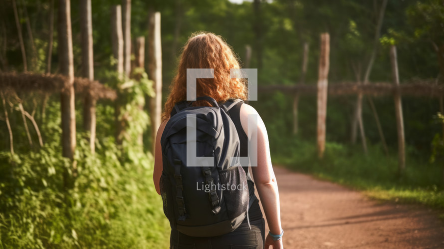 AI Generated Image Rear back view on the redhead tourist woman with backpack exploring a jungle forest