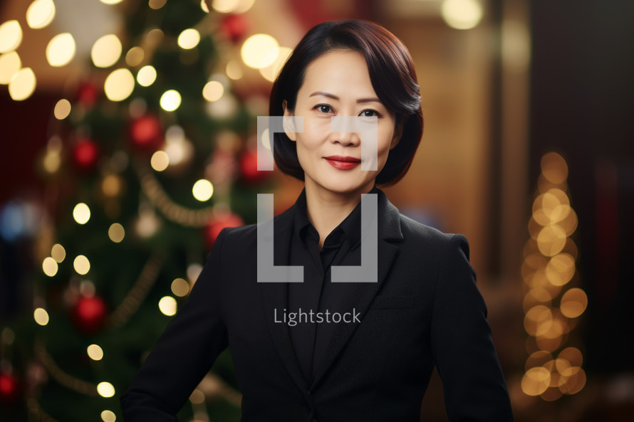 AI generated image. Portrait of the serene middle-aged Asian businesswoman at the office with Christmas tree