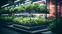 A vertical farming setup cultivating assorted microgreens, neatly arranged in a compact space. Generative AI
