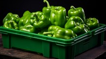 A box filled with fresh, green bell peppers, close-up realistic photo Generative AI