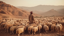 Shepherd and his flock in desert.