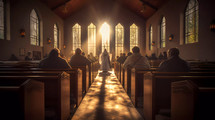 Faithful gathered in prayer in a Christian church
