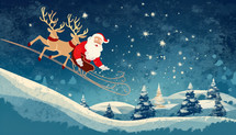 Santa Claus delivers gifts on sleigh near the mountains at night