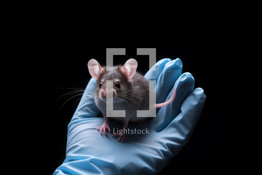 AI generated image. Hand of scientist in a rubber glove holding mouse for scientific experiment