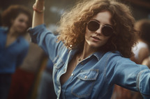 AI Generated Image. Young woman with curly hair wearing sunglasses and denim shirt. She dances at the outdoors party