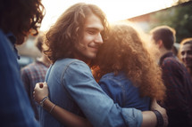 AI Generated Image. Young man with long hair dancing and hugging with his girlfriend at the outdoors music festival