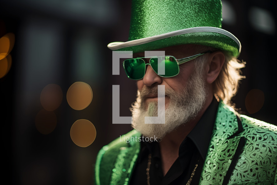 AI Generated Image. Trendy mature leprechaun wearing green sunglasses and hat while walking on a city street