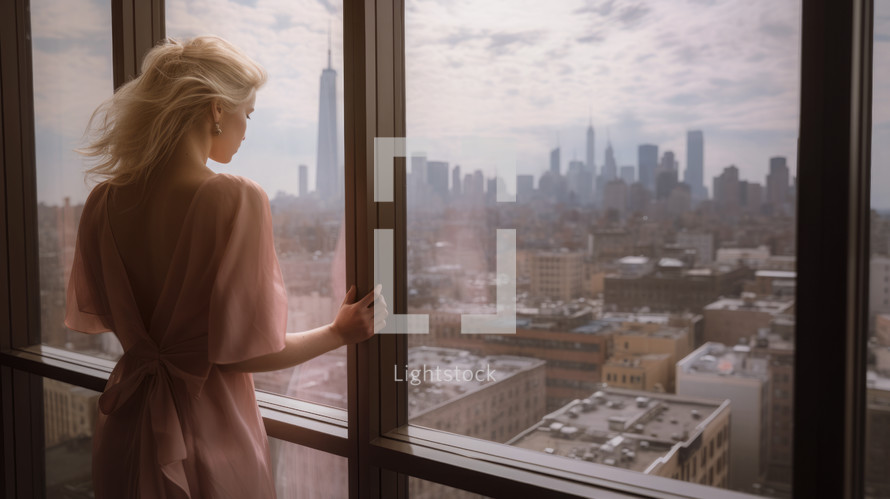 AI Generated Image. Blond woman in the skyscraper wearing pastel pink dress and looking through the window