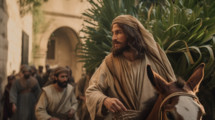 Jesus Christ riding a donkey into Jerusalem.