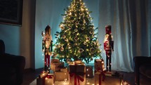 The Christmas tree with nutcrackers and presents boxes