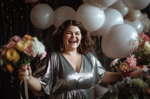 AI generated image. Happy and playful plus-size woman with large bouquet of fresh flowers at her birthday party