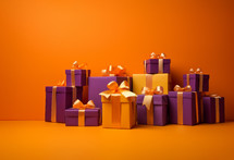 AI generative images. Colorful Christmas giftboxes with ribbons and bows next to the orange wall