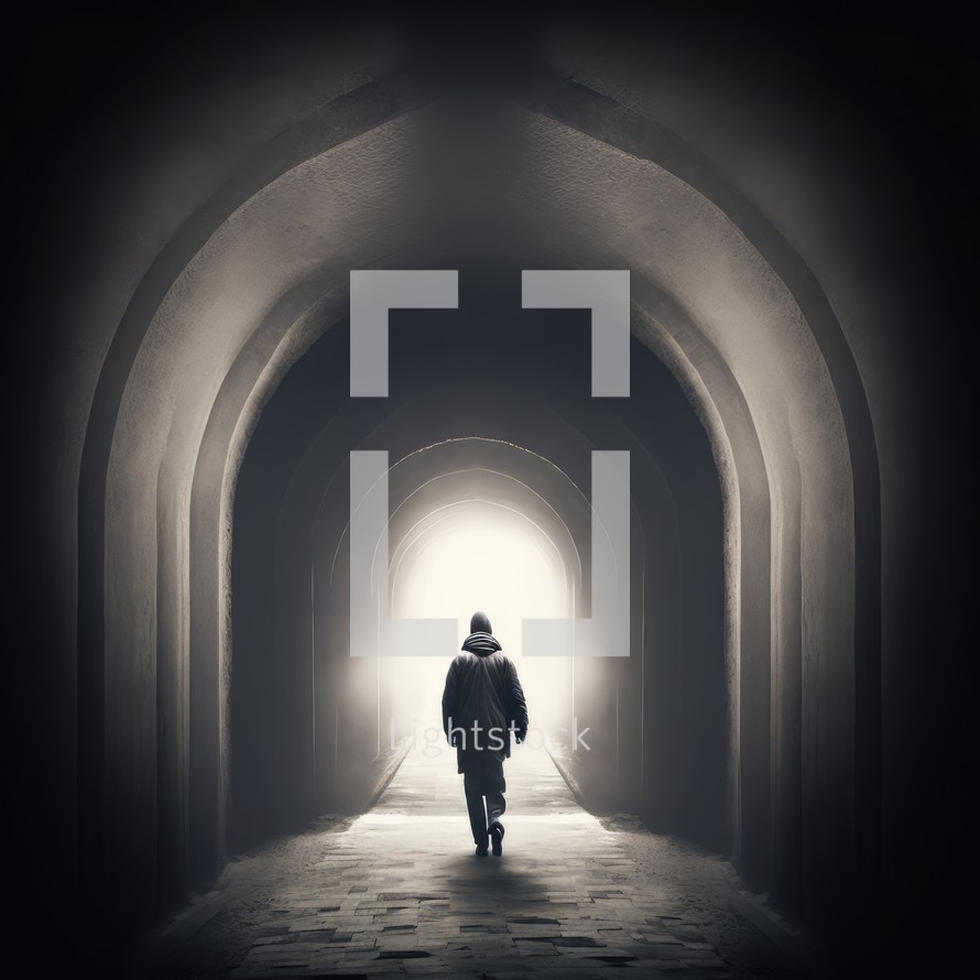 Silhouette of a person walking towards light at the end of a dark tunnel