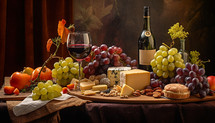 Arrangement featuring wine glasses, cheese, and grapes