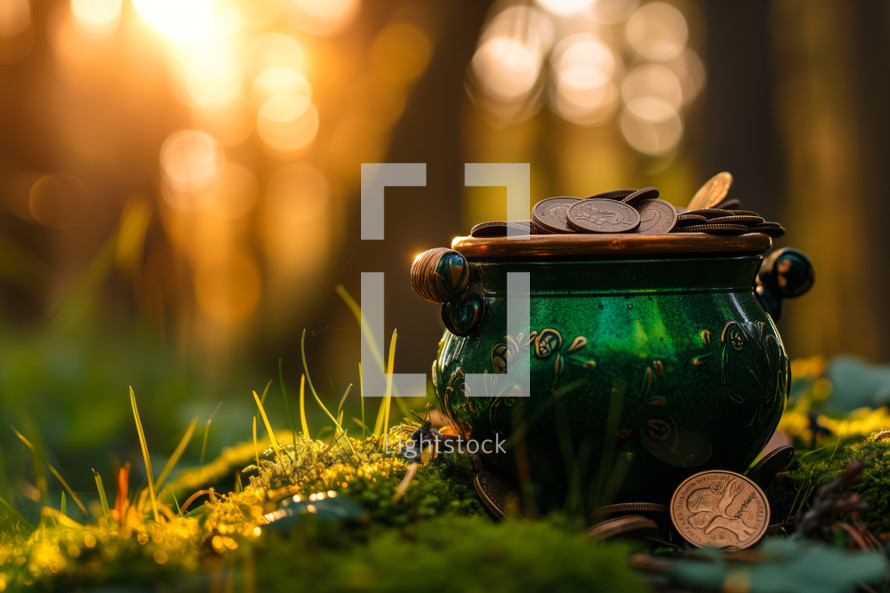 AI Generated Image. Saint Patrick's day banner with pot full of golden coins in a forest