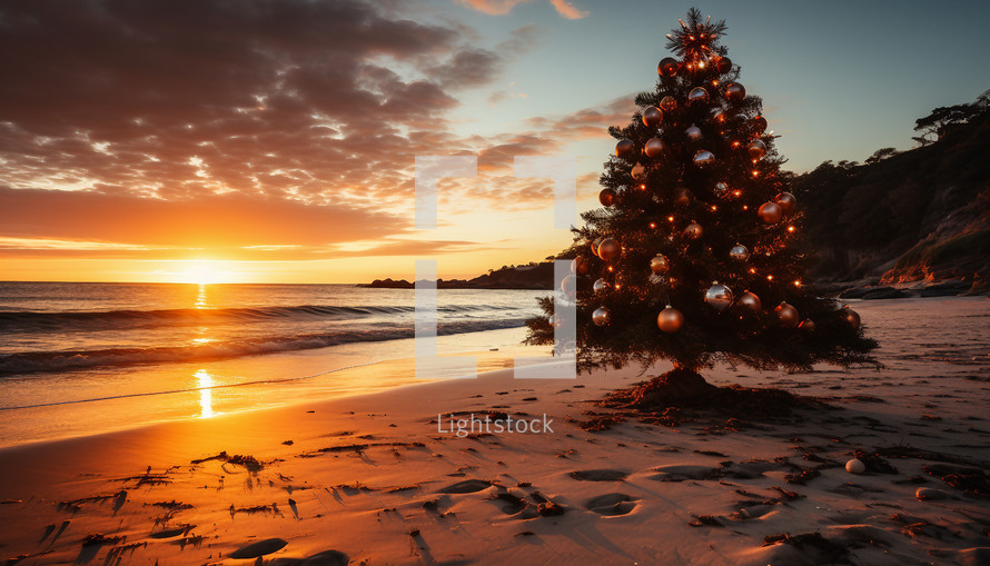 Christmas Tree On The Beach Near The Ocean At Sunset