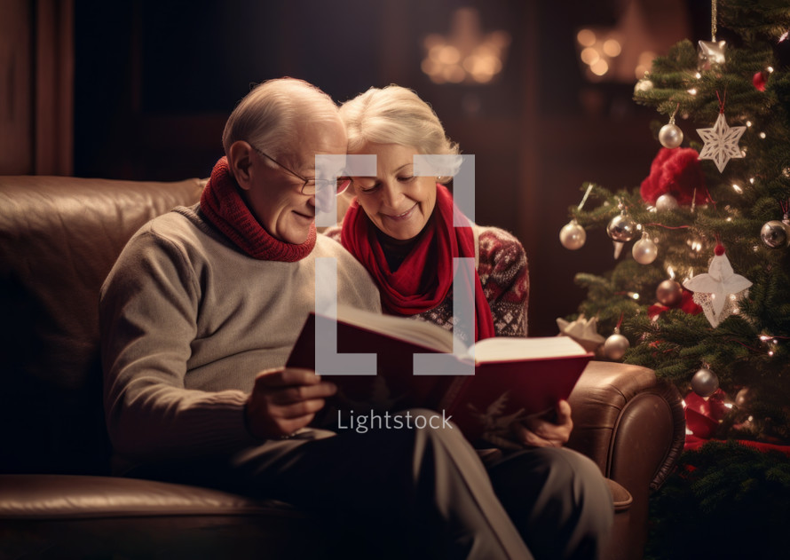AI generative images. Senior couple at home sitting on a sofa and reading a book next to the Christmas tree