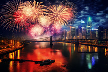 AI generated image. Fireworks over the river in the modern city at night. Chinese Lunar New Year celebration