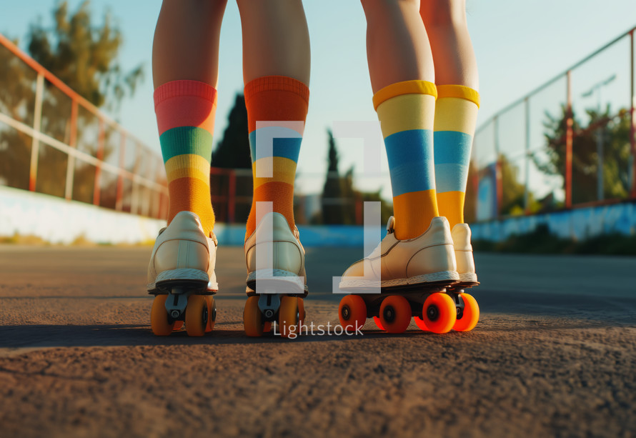 AI Generated Image. Legs of young women practicing roller skating at outdoors sports court, wearing colorful; socks