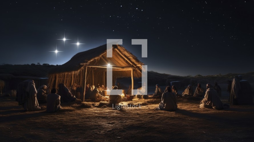 Nativity scene at night with starry sky