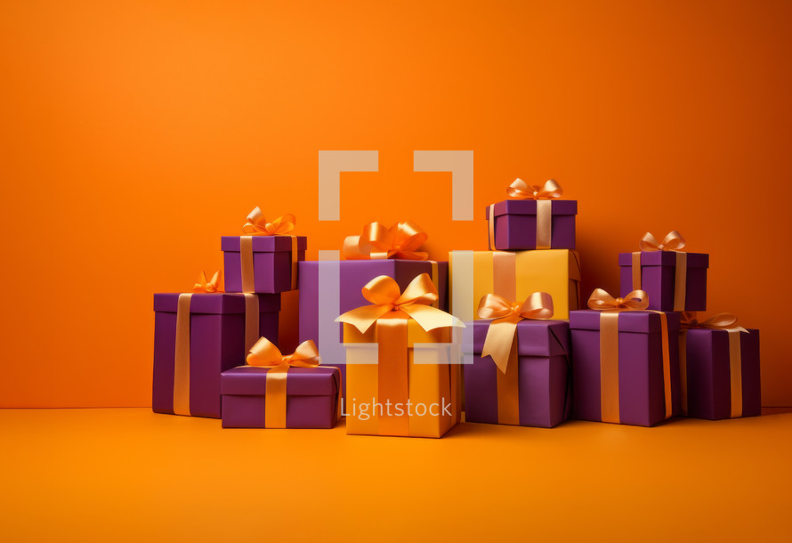 AI generative images. Colorful Christmas giftboxes with ribbons and bows next to the orange wall