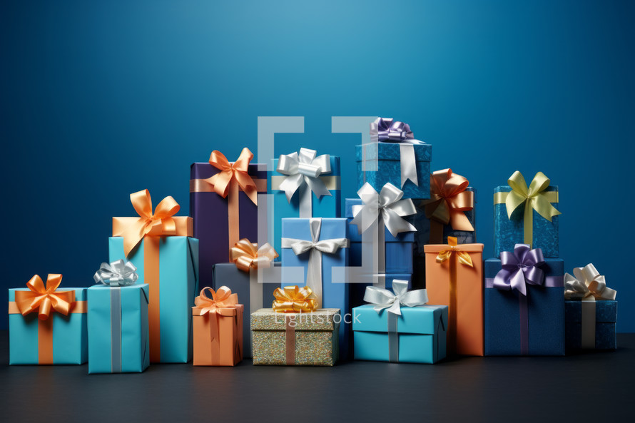 AI generative images. Colorful Christmas giftboxes with ribbons and bows next to the blue wall