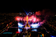 AI Generated Image. Aerial view on fireworks in night Paris during International sport event