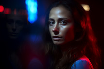 AI generated image. Young beautiful brunette Latin woman in the night city with blue and red neon light