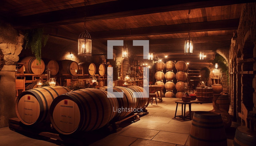 Room filled with oak barrels and wine bottles.