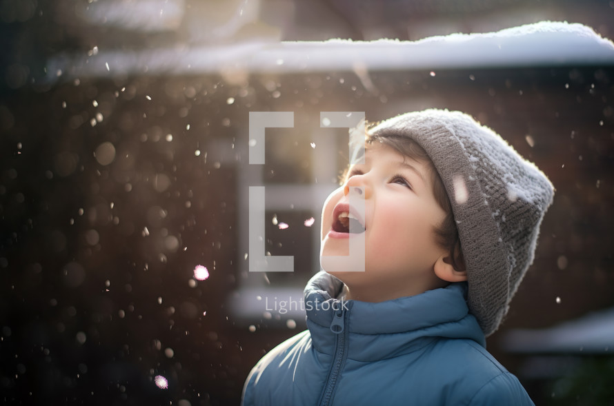AI generative images. Cute adorable little boy in a winter backyard opening mouth and trying to catch snow falling