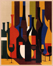 An illustration of wine bottles and wine glasses, 1970s poster, mid-century modern style.