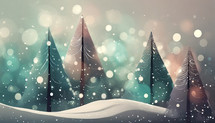 snowy scene with evergreens, snow covered ground and bokeh