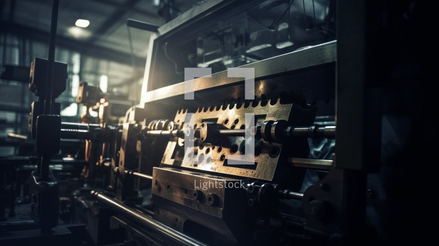 AI Generated Image. Metal industrial machinery with steel details. Close-up of the factory details