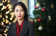 AI generated image. Portrait of the serene young Asian businesswoman at the office with Christmas tree