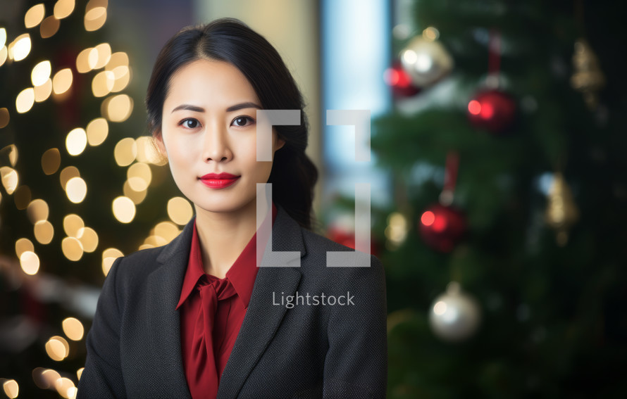 AI generated image. Portrait of the serene young Asian businesswoman at the office with Christmas tree