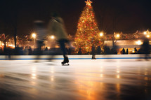 AI Generated Image. Unrecognizable people at the Christmas decorated ice skating rink in the night city