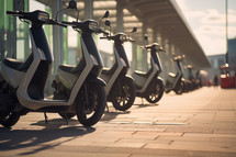 AI generated image. Electric push scooters parked in the city. Scooter rental services